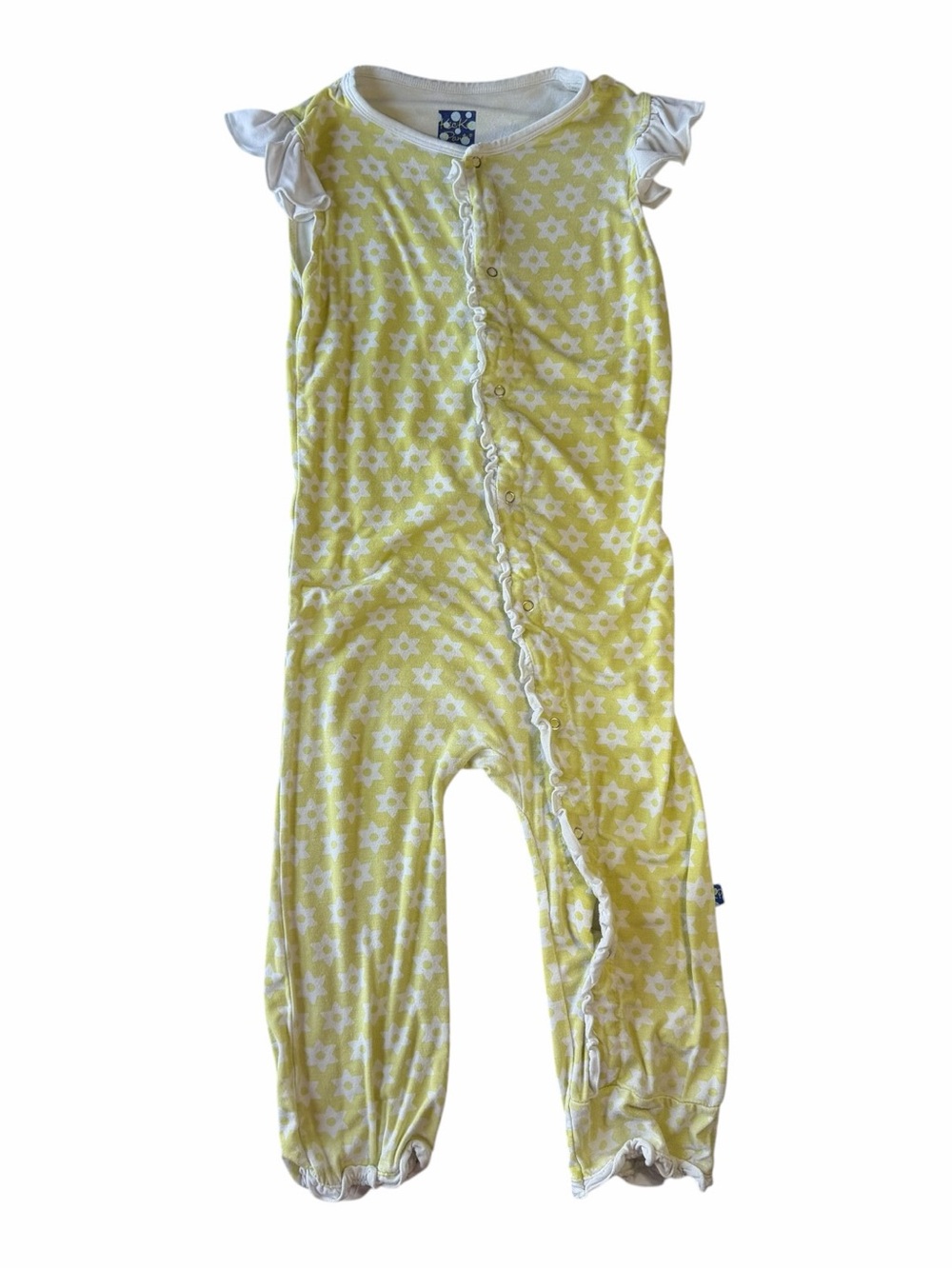 KicKee Pants Girls Romper 4T Yellow White Star Print Ruffle Bamboo One Piece
